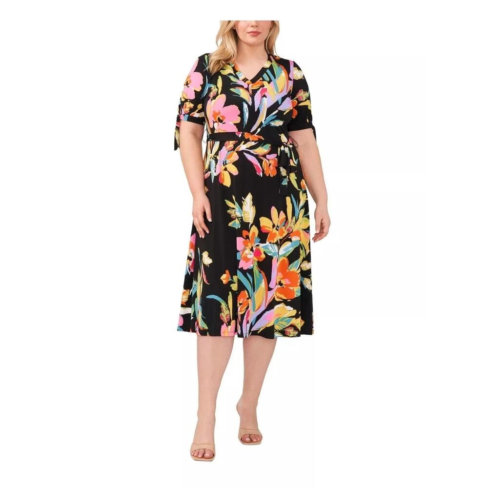 MSK Women's Plus Size Floral Printed Short-Sleeve Midi Dress, Multicolor Size 2X